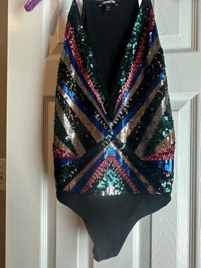 Express Black Sequin Bodysuit with Multi-Color Chevron